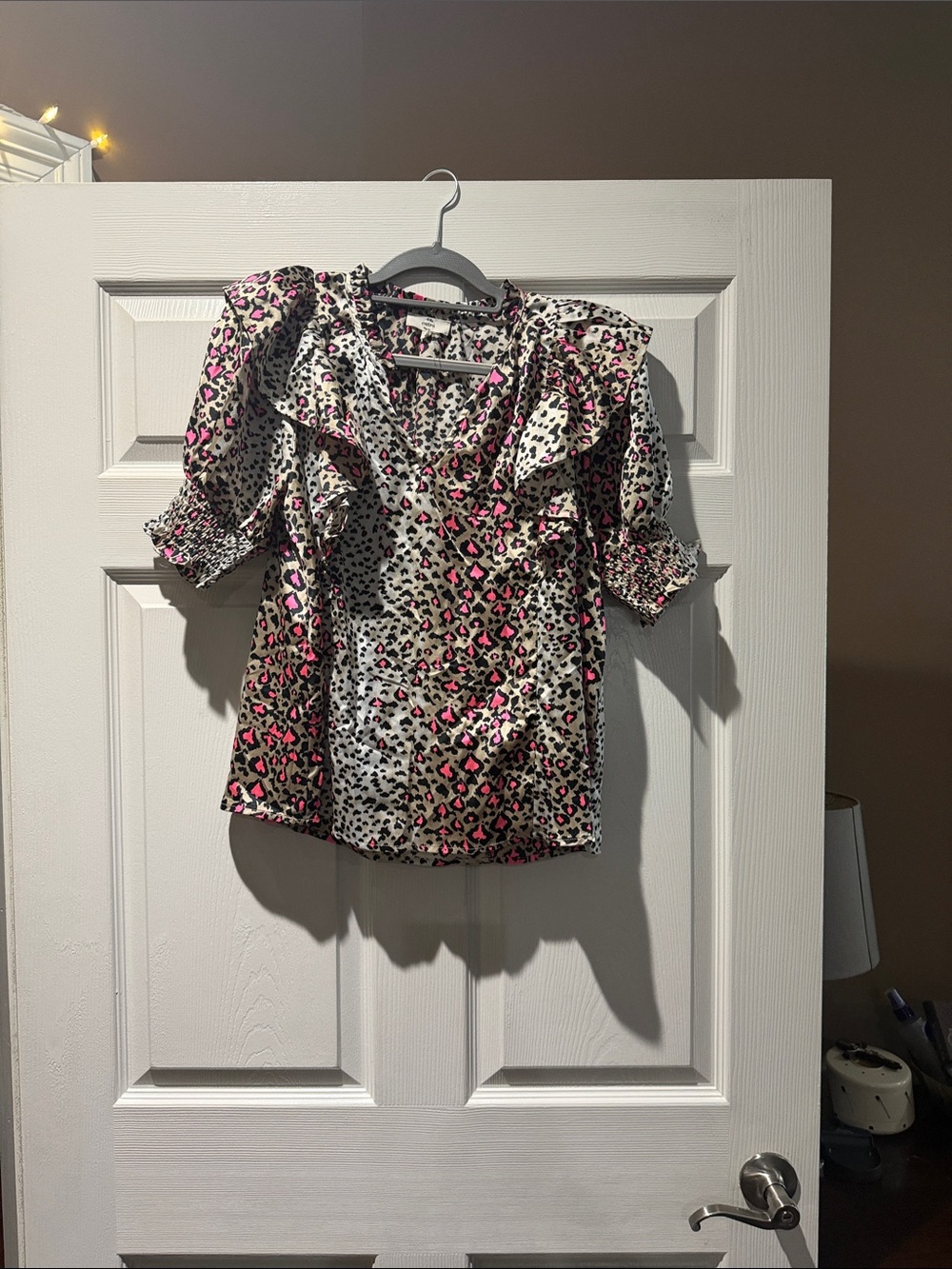 entro Pink and Neutral Leopard Ruffle V-Neck Blouse
